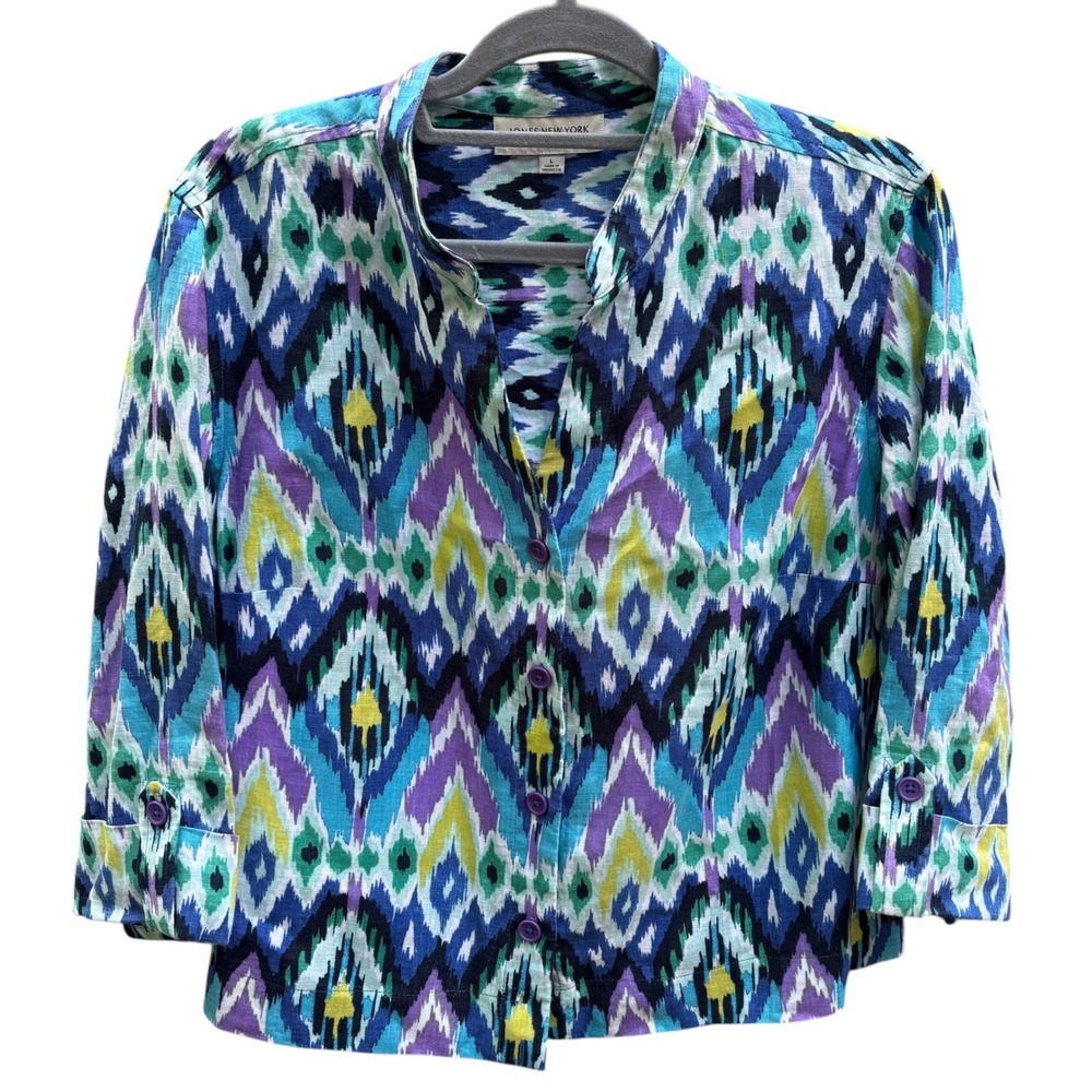 Jones New York Womens Large Blouse Colorful Ikat Print 100% Linen 3/4 Sleeve Top